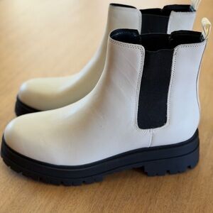 Marc Fisher White Leather Chelsea Lug Boots with Black Elastic